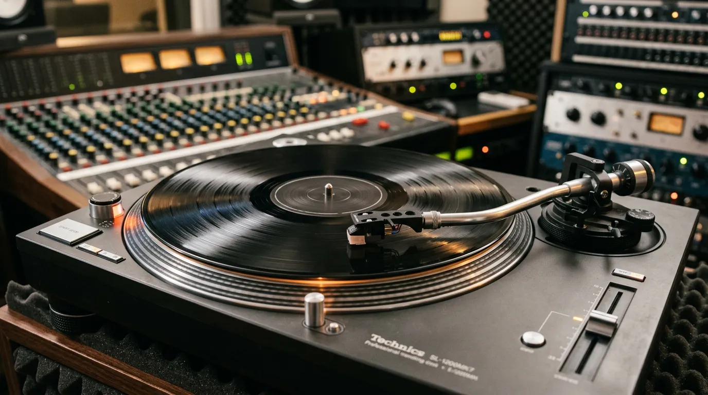 Close-up of vinyl record and turntable in professional recording environment