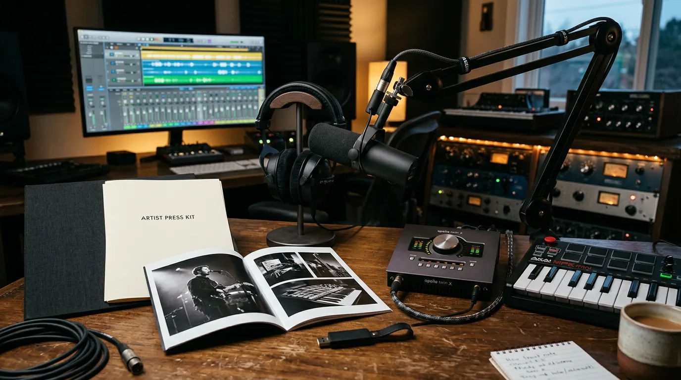 Professional press kit materials with microphone, headphones, and music production equipment artfully arranged