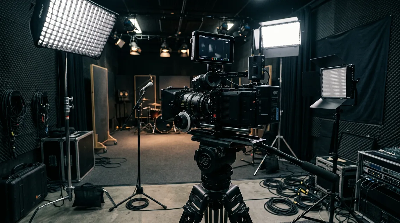 Professional video camera and lighting setup in film or music production studio